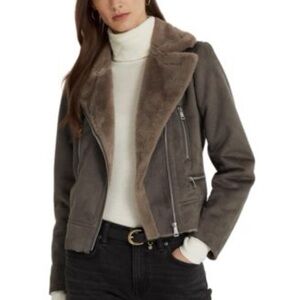 Lauren Ralph Lauren Suede Faux Shearling Moto Jacket Brown Silver XS Women’s
